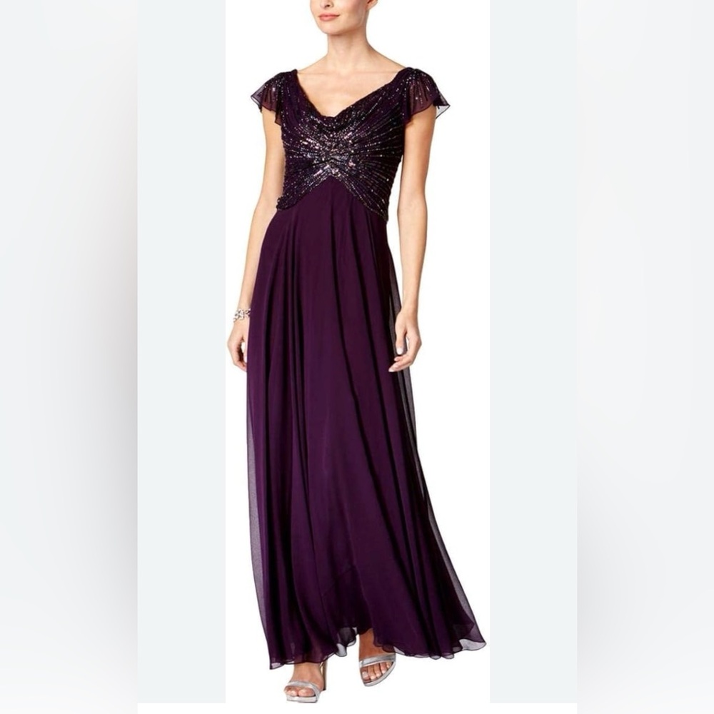 J Kara Deep Plum Beaded Flutter Sleeve Floor Length Dress/Evening Gown 14 - NWT